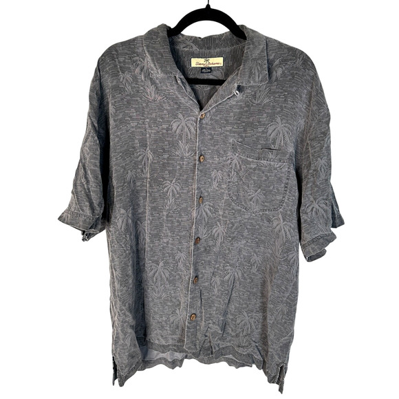 Tommy Bahama M 100% Silk Palm Tree Hawaiian Shirt Button Up Short Sleeve Gray - Picture 1 of 5
